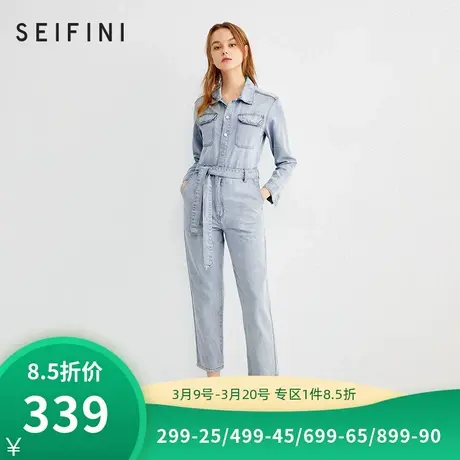商场同款诗凡黎新款牛仔帅气连衣裤系带时尚连体裤7B3490661商品大图