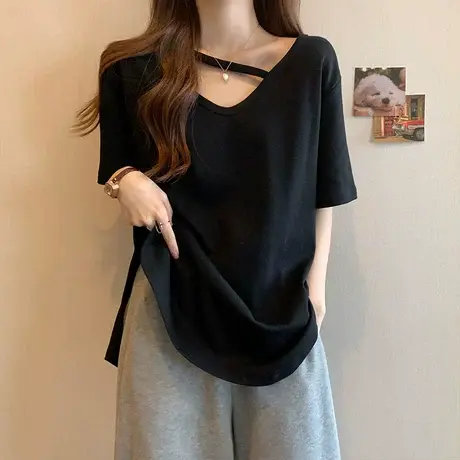 伊自尚大码设计感抽褶领口短袖T恤女夏胖mm宽松显瘦遮肚子上衣商品大图