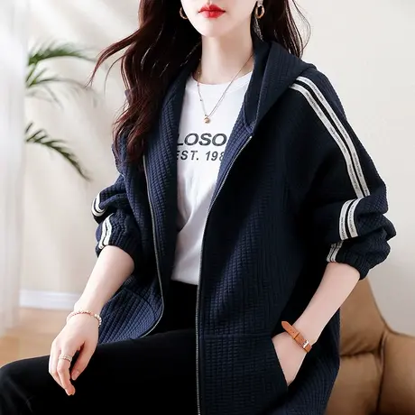 妈妈休闲运动棒球服外套女秋冬宽松加大码女装中长款连帽百搭上衣商品大图