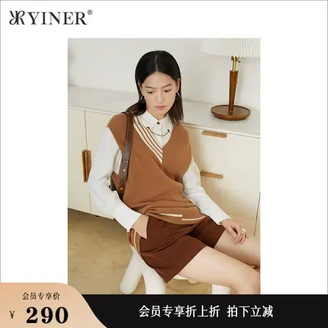 YINER音儿女装秋不规则条纹无袖纯羊毛针织衫商品大图