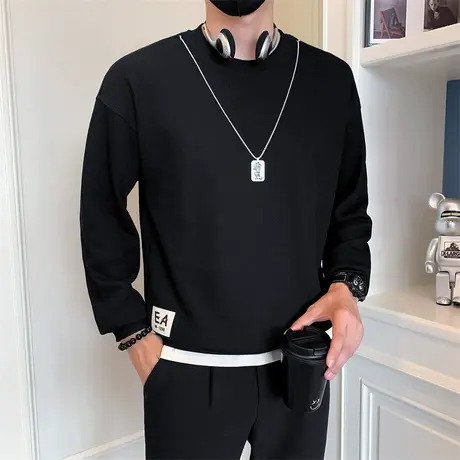 拼接假两件卫衣男春秋季2023新款链条套头上衣外套百搭高级感t恤商品大图