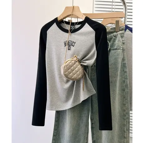 正肩长袖t恤女2023年秋季新款插肩撞色螺纹打底绣花上衣修身内搭T商品大图