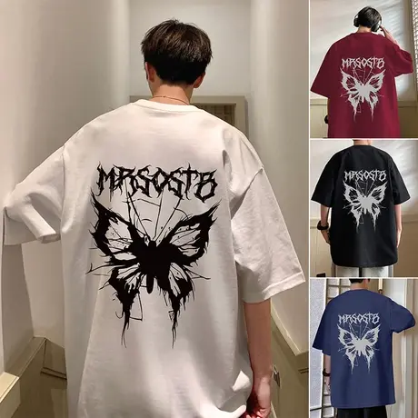 美式复古蝴蝶纯棉短袖t恤男女夏季新款潮牌ins宽松半袖情侣体恤衫商品大图