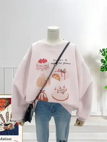 2024年春季新款薄款卫衣印花蛋糕字母圆领套头长袖大码女装显瘦潮商品大图