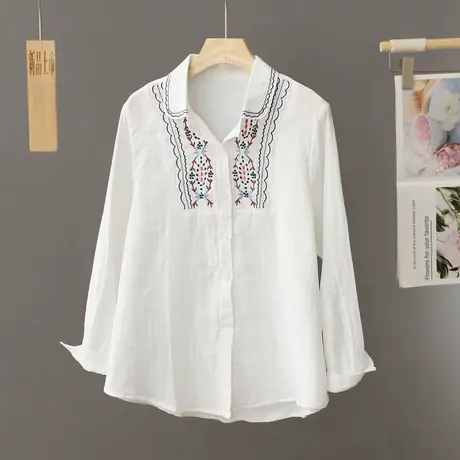 早春秋新款休闲宽松显瘦白色衬衫女通勤文艺刺绣衬衣百搭开衫上衣图片