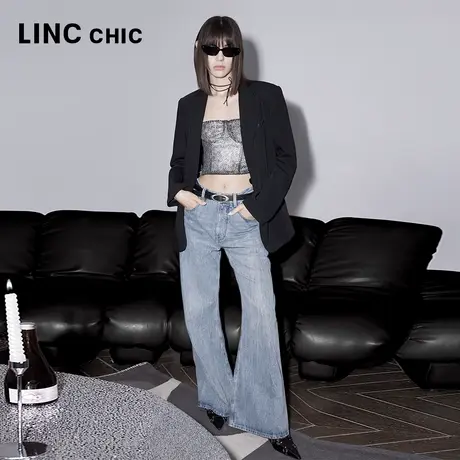 LINCCHIC金羽杰长裤子女宽松阔腿裤无侧缝美式高腰牛仔裤女JE397Y商品大图