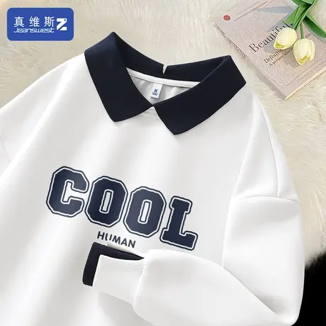 真维斯Z+假两件卫衣女春秋白色衣服春装polo领上衣大码宽松女装H图片