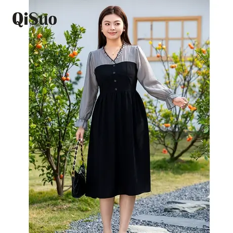 2024年秋装新款气质V领茶歇连衣裙复古显瘦大码胖MM假两件A字长裙图片