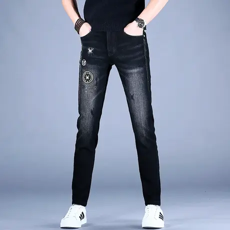 黑色高端烫钻牛仔裤男款百搭裤子2023新款修身小脚韩版弹力休闲裤图片