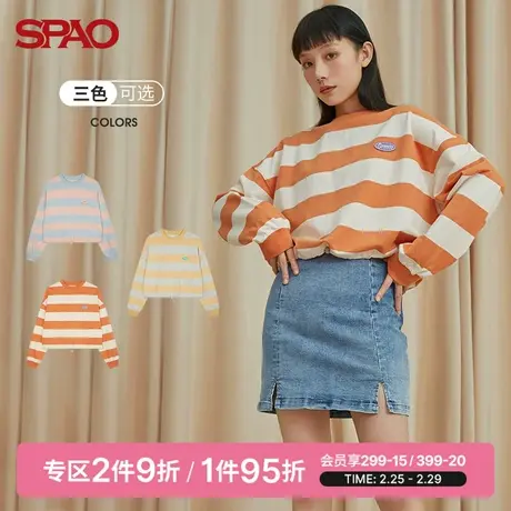 SPAO 女士卫衣新款春季棉质长袖套头短款条纹抽绳SPMWB11S15图片
