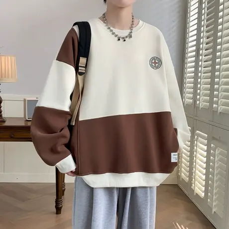 重磅长袖t恤男春秋款撞色拼接卫衣男潮打底衫青少年字母刺绣外套图片