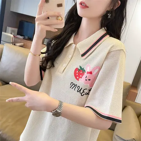 华夫格翻领polo衫短袖t恤女夏季韩版宽松大码小个子百搭学生上衣图片