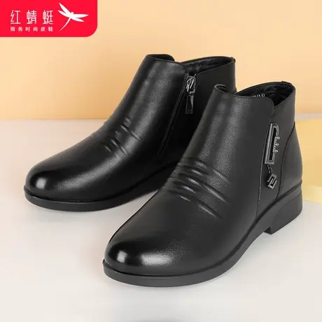 红蜻蜓女棉鞋冬季加绒保暖中年妈妈短筒棉靴舒适软底女士休闲短靴商品大图