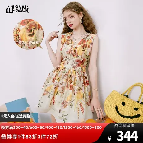 【商场同款】妖精的口袋无袖v领连衣裙女2023夏季新款收腰碎花裙图片