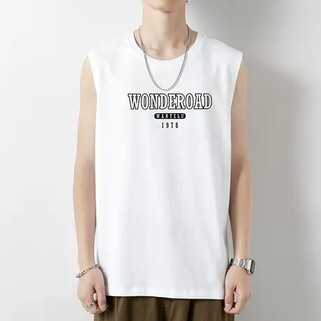 纯棉背心男夏季宽松篮球健身运动坎肩潮流小熊印花白色无袖t恤男商品大图