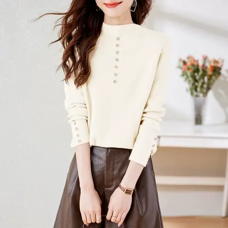 时尚气质套头针织衫2022年冬季新款淑女温柔显瘦通勤加绒打底上衣商品大图