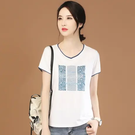 韩潮袭人V领印花短袖T恤女2023夏新款休闲百搭胖mm正肩体恤上衣薄商品大图