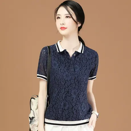 韩潮袭人POLO领短袖蕾丝上衣女士宽松薄款夏装镂空遮肚子雪纺衬衫图片