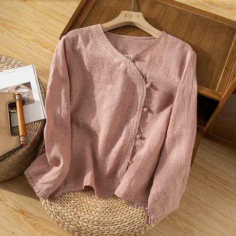 享永子【新中式风尚】100%亚麻 二次砂洗 重工刺绣 手工盘扣上衣商品大图