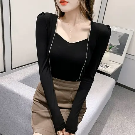 法式方领T恤女装小众设计感洋气上衣紧身内搭打底衫女长袖春秋潮商品大图