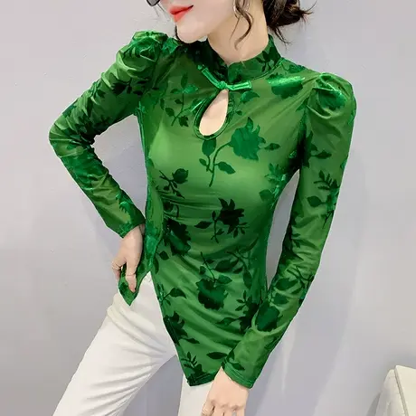 中国风盘扣打底衫女春秋2023新款植绒网纱上衣不规则开叉T恤长袖图片