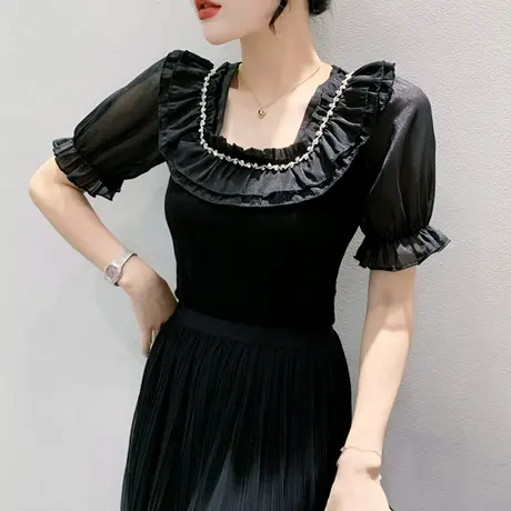 欧货泡泡袖T恤女短袖复古气质方领小衫洋气网纱拼接修身上衣夏装图片