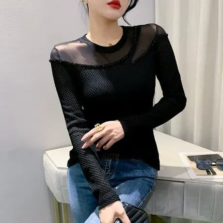 性感黑色蕾丝上衣女长袖欧货洋气网纱拼接T恤时尚钉珠打底衫内搭商品大图