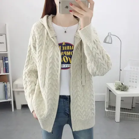 麻花拉链连帽针织开衫女2023初春新款纯色百搭外套外搭毛衣女上衣图片