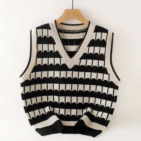 宽松马甲套头背心女V领设计感条纹百搭复古撞色无袖毛衣女叠穿厚商品大图