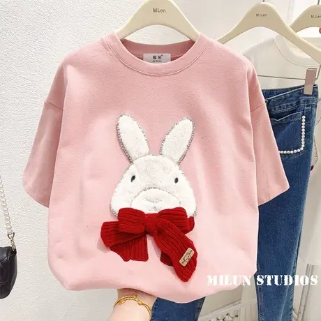 韩国东大门新年兔子本命年上衣早春新款水钻钉珠磨毛加厚T恤大码图片