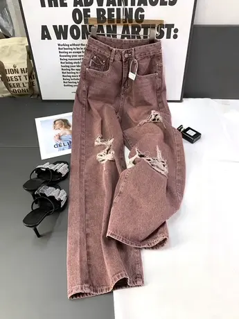韩版水洗磨破牛仔直筒裤女2023夏季新款显瘦百搭高腰薄款阔腿长裤图片