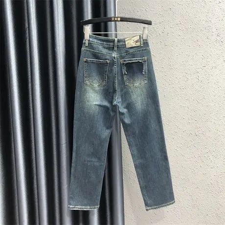 口袋设计个性贴标直筒哈伦裤欧货女2023秋季新款显瘦九分牛仔裤潮商品大图