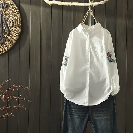 枫谜2020年春装新款文艺范门襟刺绣纯色白衬衫女宽松休闲衬衣上衣图片