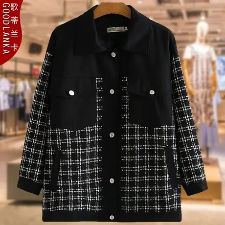 40-50岁中年妈妈春秋装夹克衫大码宽松时尚格子毛呢翻领休闲外套图片