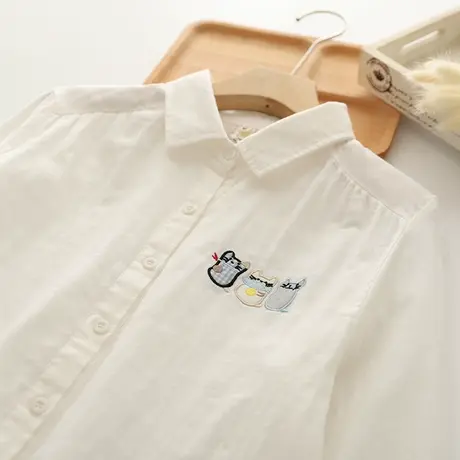 春秋学院风文艺小清新减龄刺绣双层纱纯棉长袖衬衫女学生打底上衣图片