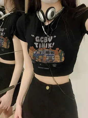 美式复古纯棉正肩短袖t恤女夏季潮牌ins短款小个子显瘦辣妹上衣服商品大图