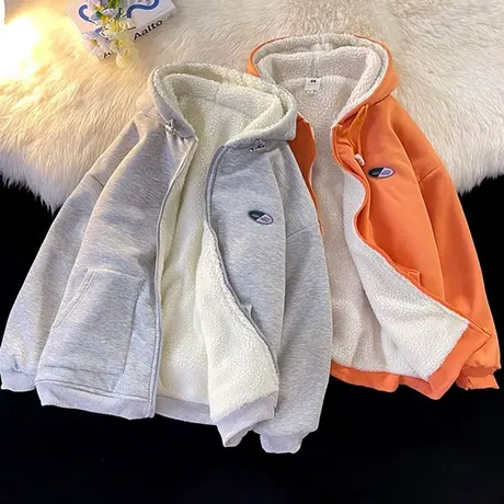 羊羔毛卫衣女2021宽松韩版小个子加绒加厚上衣chic港风外套潮ins图片