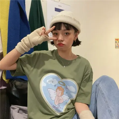 红续原创2023春夏新款韩版爱心卡通ins潮小个子纯棉百搭短袖T恤女商品大图