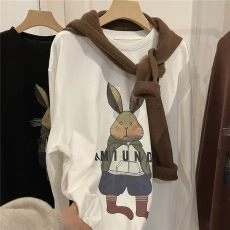 趣味减龄兔子卡通印花加厚磨毛厚实宽松圆领大版套头T恤女中长款商品大图