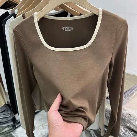 设计感拼色方领露锁骨长袖T恤女2023早秋新款洋气打底衫体恤上衣图片