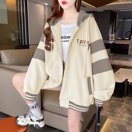 外套女秋冬韩版宽松加绒加厚设计感小众撞色百搭棒球服开衫卫衣潮图片