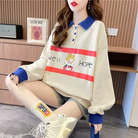 翻领polo衫卫衣女春秋季韩版宽松薄款早秋小个子假两件上衣服外套商品大图
