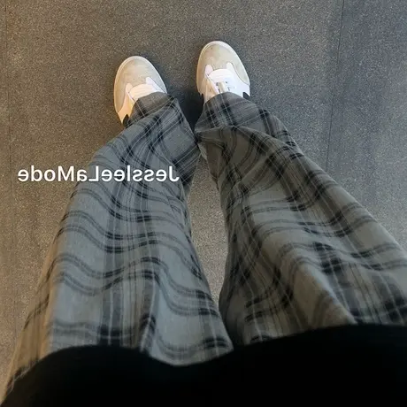 宽松裤子女夏季薄款2023设计感运动休闲格子直筒显瘦阔腿拖地长裤商品大图
