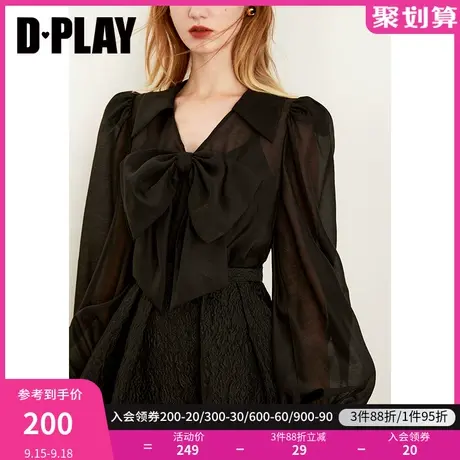 DPLAY秋装新法式复古V领蝴蝶结女士衬衫ins黑色透视通勤衬衫商品大图