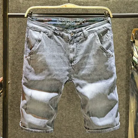 灰色刺绣斜袋牛仔短裤男款宽松直筒五分裤夏季潮牌底印花休闲中裤商品大图