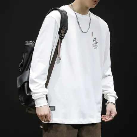 白色长袖t恤男2023新款秋季潮牌宽松大码圆领内搭男士打底衫春秋图片