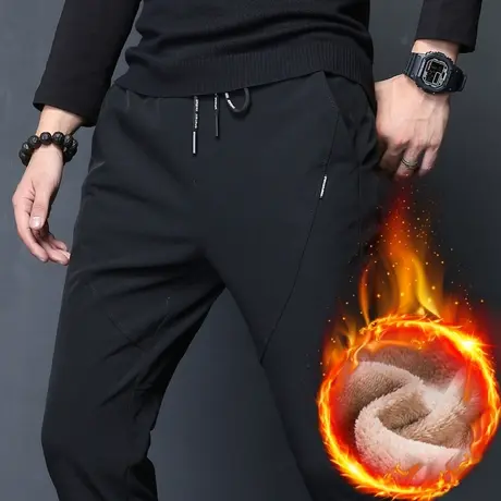 冬季加绒男士休闲裤子修身小脚加厚秋冬款冬裤中年爸爸羊羔绒外穿图片