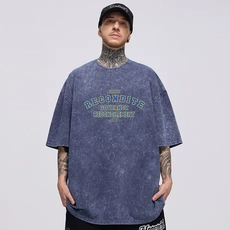 美式300g重磅复古短袖T恤男生夏季大码宽松水洗做旧加肥加大潮流商品大图