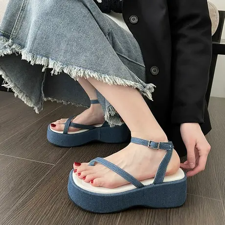 韩版2023年新款夏季仙女风夹脚一字扣带凉鞋女厚底高跟罗马女鞋子商品大图