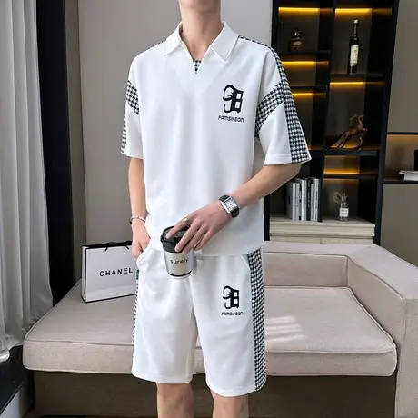 运动套装男夏季潮牌宽松polo衫短袖休闲五分裤拼接撞色冰丝两件套图片